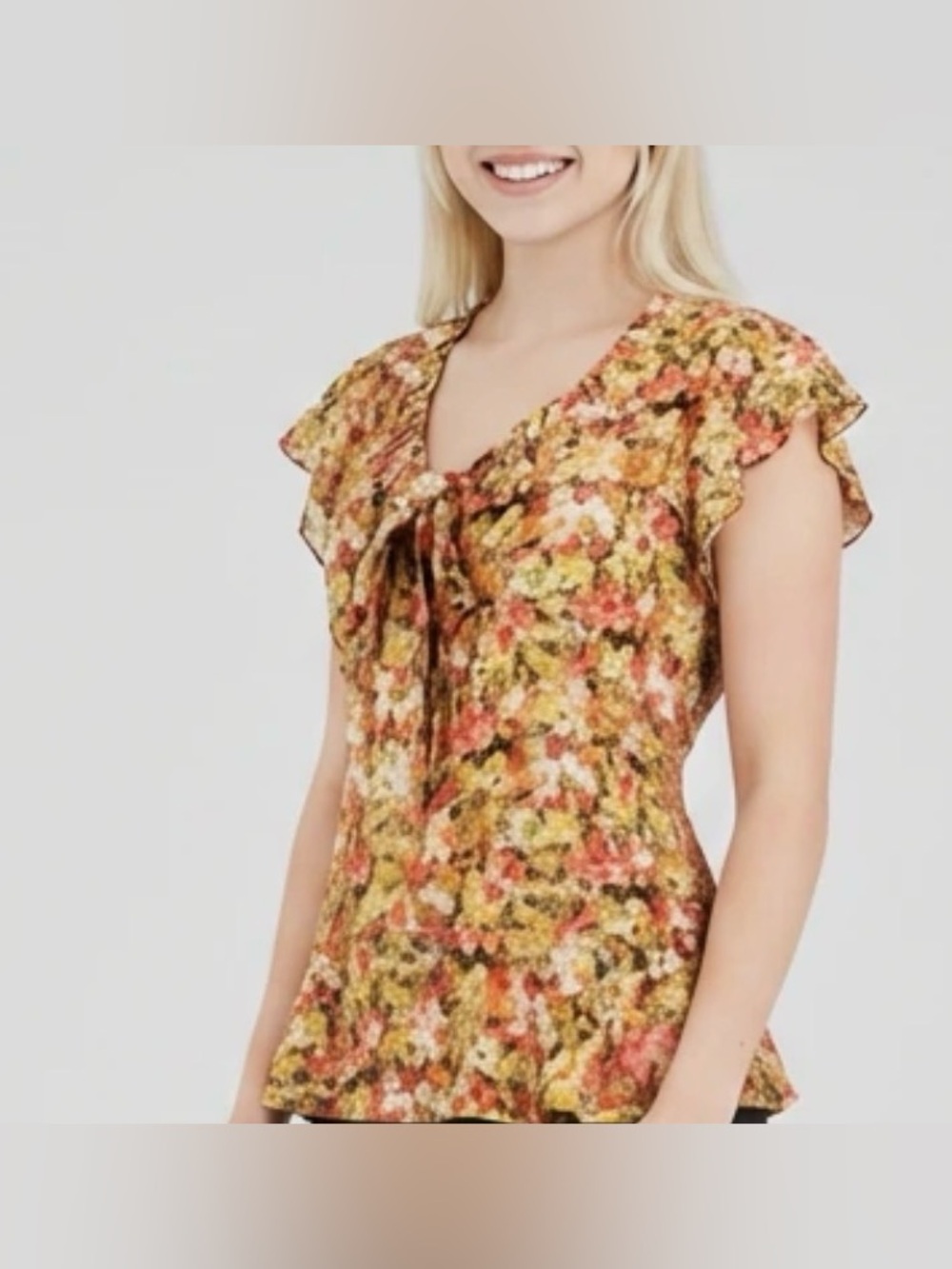 Bethany Vintage Floral Tie-Neck Flutter Sleeve Top - Yellow Multi L